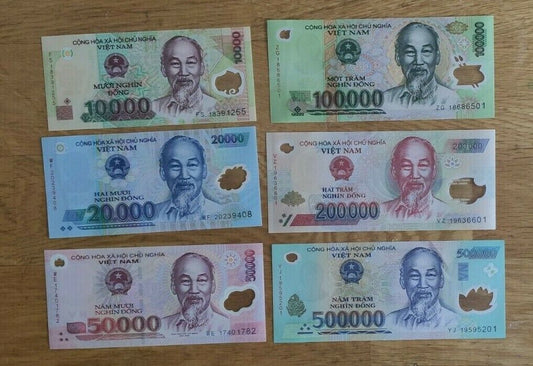 Vietnam 10000+20000+50000+100000+200000+500000 Dong Set of 6 Banknotes 6 PCS UNC