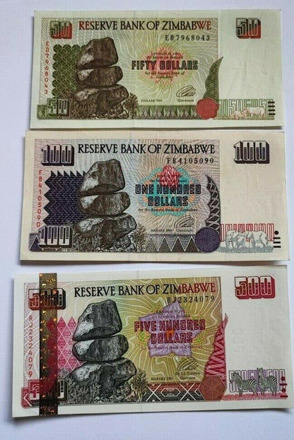 ZIMBABWE SET 7 Pcs 5,10,20,50,100,500 & 1000 Dollars 1994-03 P-5 to10 & 12 Used