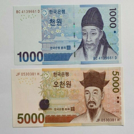 SOUTH KOREA - 1000, 5000 Won UNC Banknote