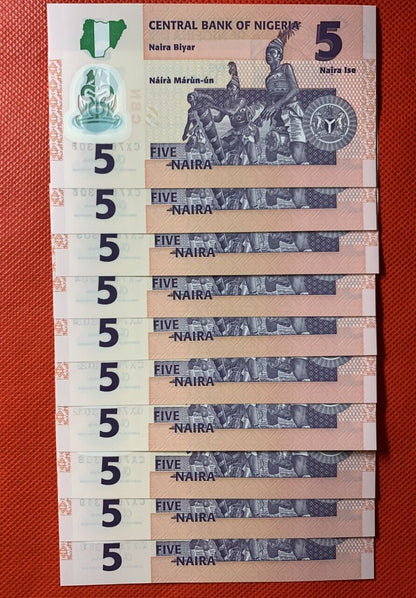 Lot 10 PCS, Nigeria 5 Naira, 2009-2019, P-38, Polymer, UNC