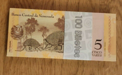 Venezuela 5 Bolivares x 100 Pcs Bundle, 2007-2016 P-89 Armadillo Unc