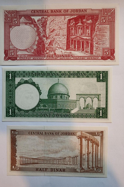 JORDAN SET 1/2 1 5 DINARS P-13 14 15, 1959 UNC