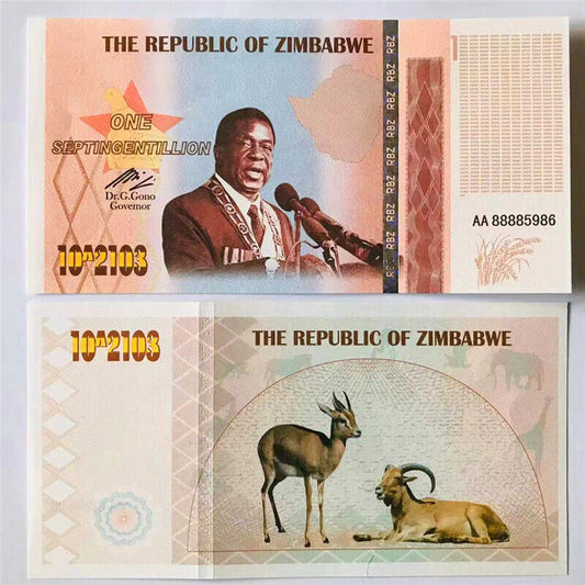 Zimbabwe Paper Money One Septingentillion Banknote Bank Note Bills Non-currency