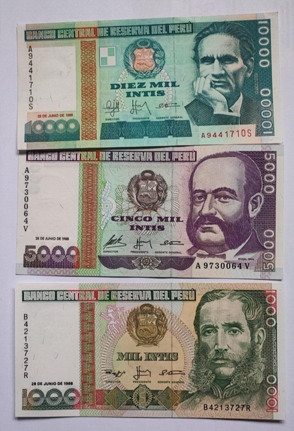 Peru 10 to 10000 Intis 1985 to 1990 UNC