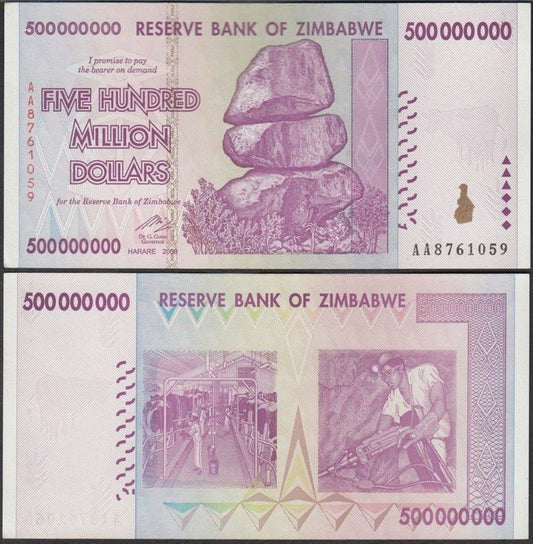 Zimbabwe 500 Million Dollars 2008 P-82 Banknotes UNC