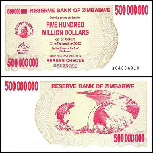 Zimbabwe 500 Million Dollars 2008 P-60 Banknotes UNC brand new