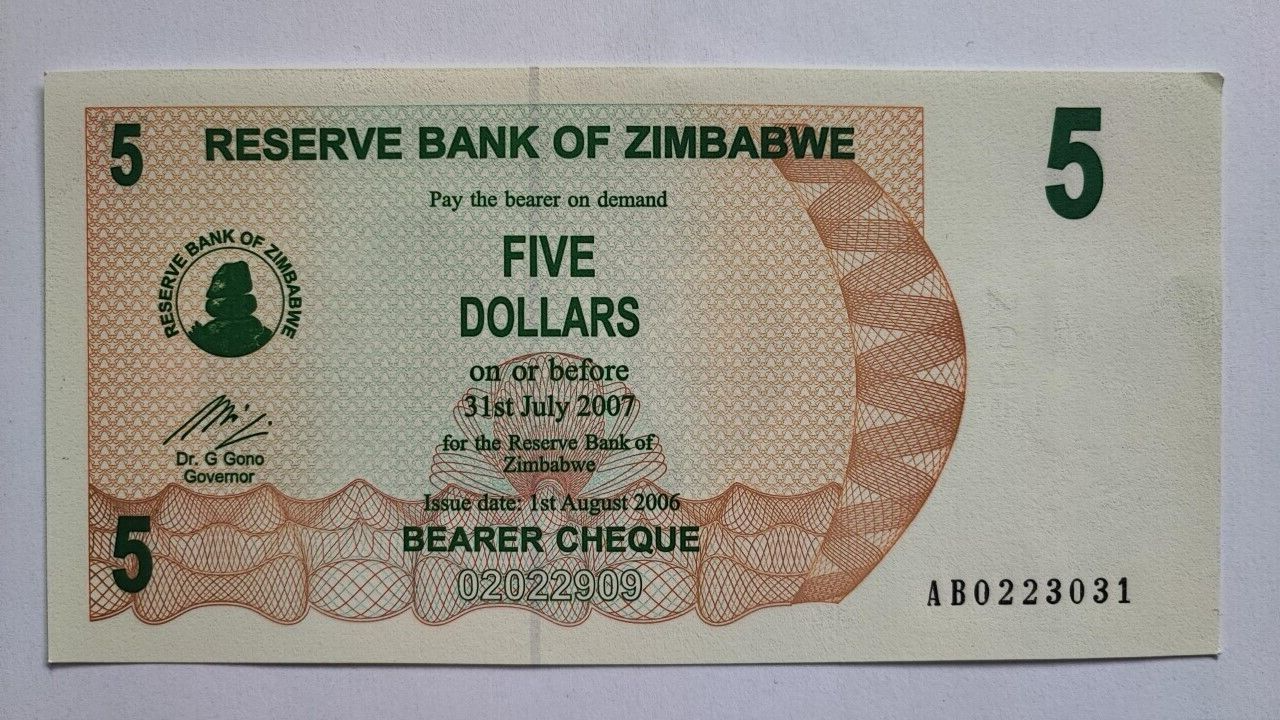 Zimbabwe 5  Dollars Bearer's Cheque 2006 UNC Uncirculated P-38