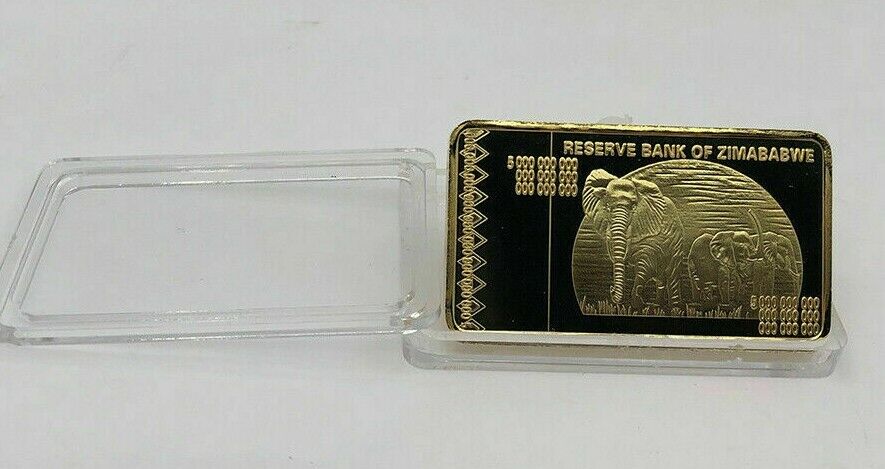 Gold plated Zimbabwe Five Octillion Dollar bar Gold Clad Bullion Bar