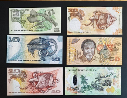 PAPUA NEW GUINEA,SET OF 6 NOTES,2-100 KINA-ALL UNC