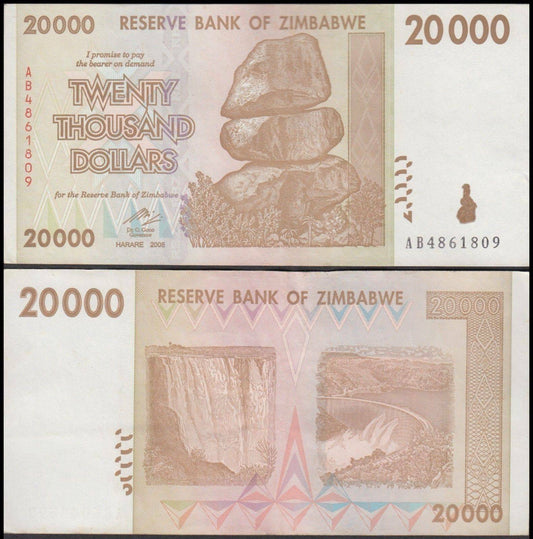 Zimbabwe Hyperinflation banknote - 20,000 Dollars 2007 - P-73 , EF XF Condition