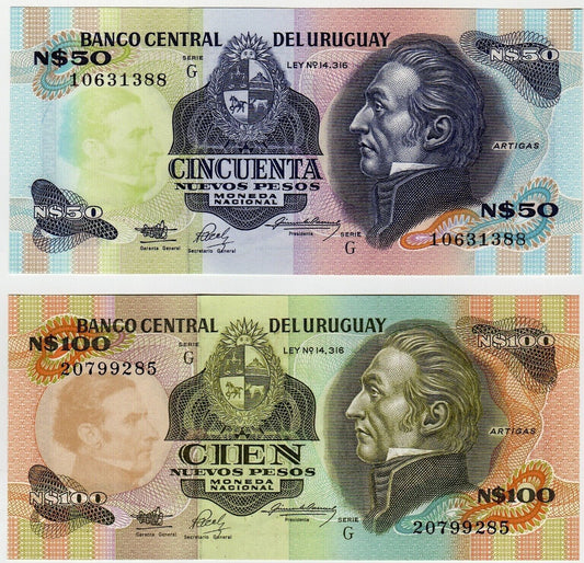 Uruguay 50 and 100 Nuevos Pesos 1987  to 1989 Banknotes  UNC