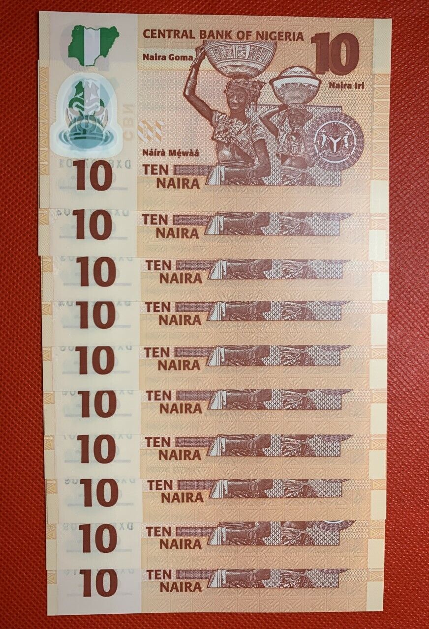 Lot 10 PCS, Nigeria 10 Naira, 2009-2019, P-38, Polymer, UNC