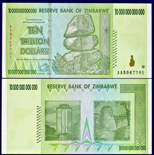 Zimbabwe 10 Trillion Dollars 2008 AA prefix   in  very fine condition