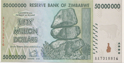 Zimbabwe 50 Million Dollars 2008 P-79 First Prefix 'AA' Banknotes UNC