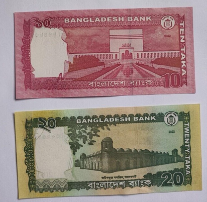 Bangladesh 10, 20 taka 2022 UNC