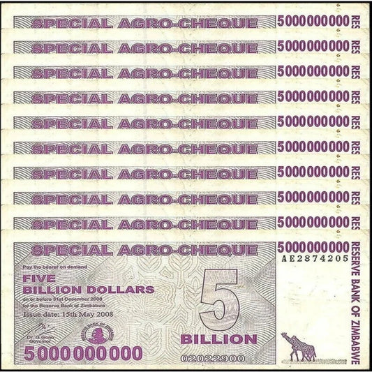 10xZimbabwe 5 Billion Dollars 2008. Good Used Condition