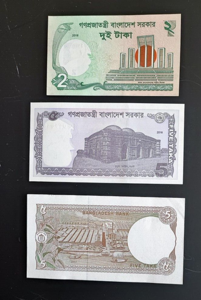 Bangladesh  3 notes set :5 Taka 2018  2 Taka 2013  5 Taka 2007  In UNC Condition