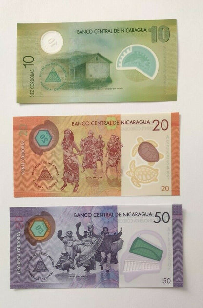 Nicaragua 10 + 20 + 50 Cordobas 2014 Polymer Set of 3 Banknotes 3 PCS UNC