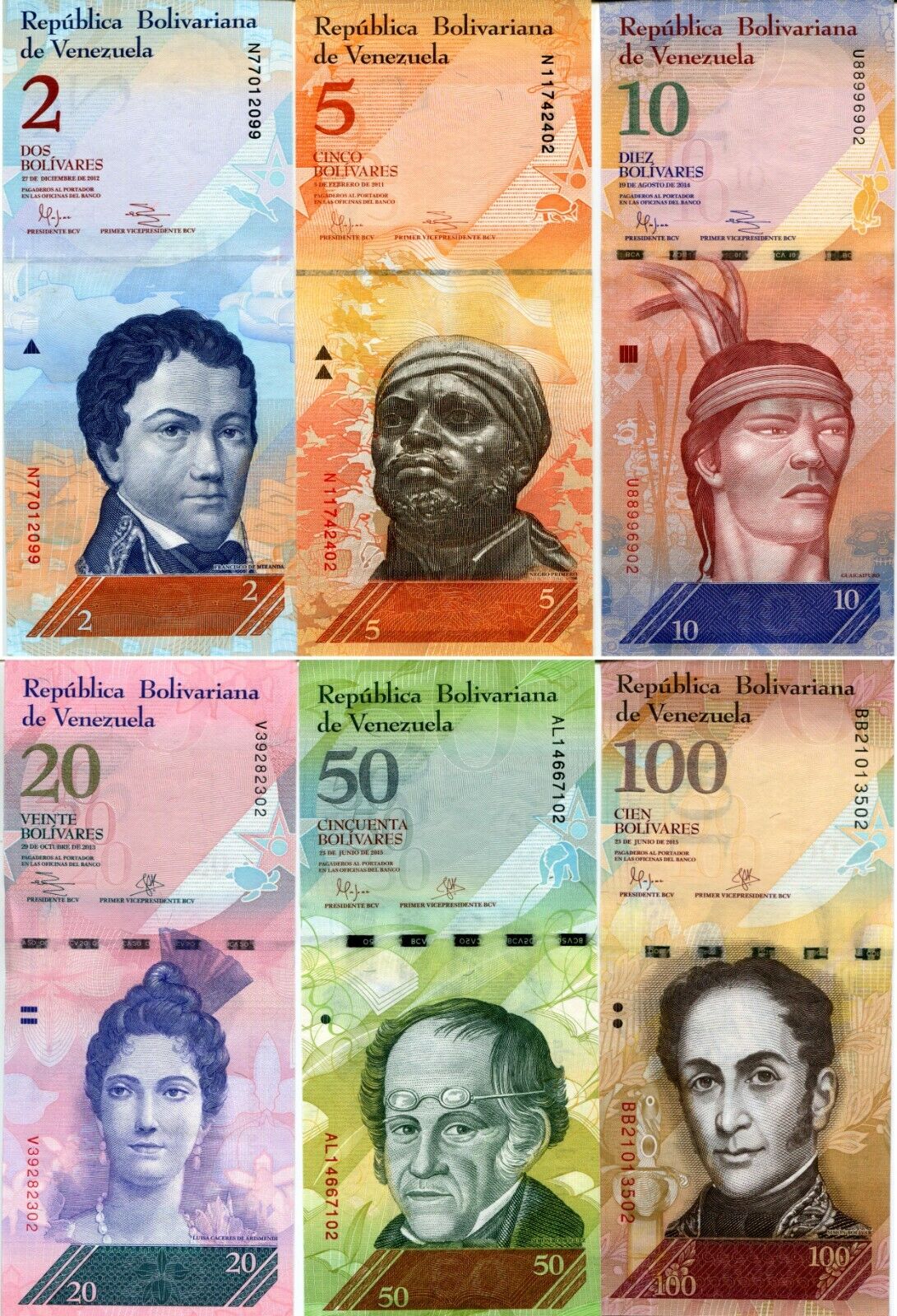 SET of 6 Venezuela notes, 2;5;10;20;50;100 Bolivares, 2007-2017, UNC > Colorful