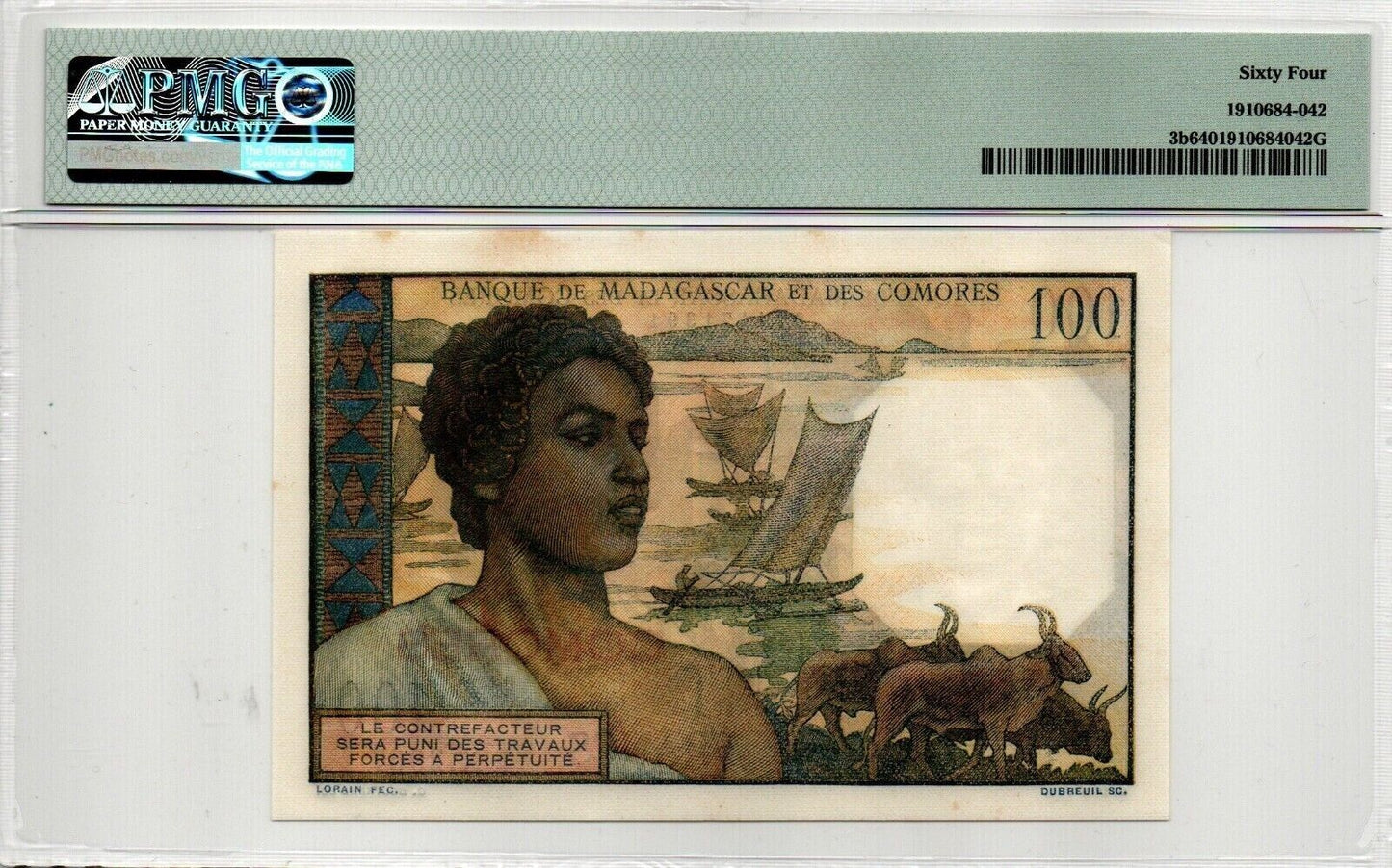 COMOROS Bank of Madagascar 100 Francs 1963 P.3b PMG 64 RARE