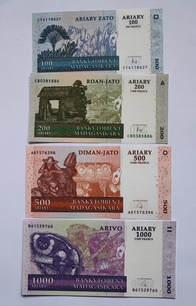 Set 4 PCS, Madagascar 100 200 500 1000 Ariary, 2004, P86-89, UNC