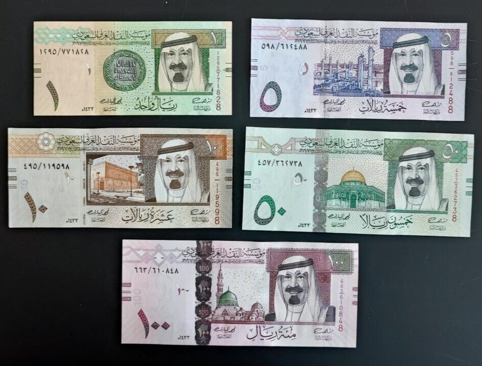 Saudi Arabia 1, 5 10 50 100 Riyals (5 Pieces Set), King Abdullah  Unc