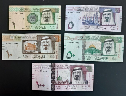 Saudi Arabia 1, 5 10 50 100 Riyals (5 Pieces Set), King Abdullah  Unc