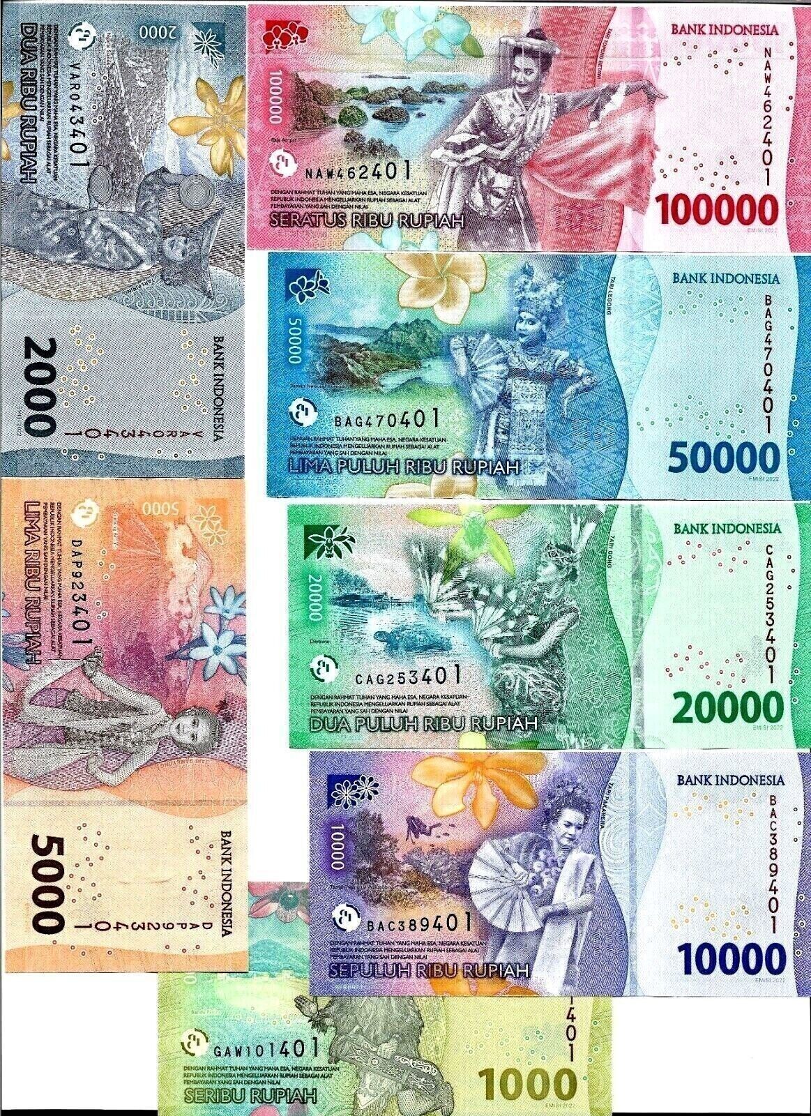 INDONESIA Set of 7 notes: 1000 2000 5000 10000 20000 50000 100000 UNC