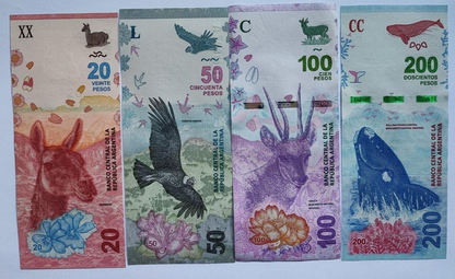 Set of 4 Argentina Banknotes (20, 50, 100, 200 Pesos) UNC