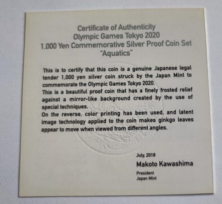 Japan 2020 Tokyo Olympic1000 Yen Silver Proof coin  Aquatics