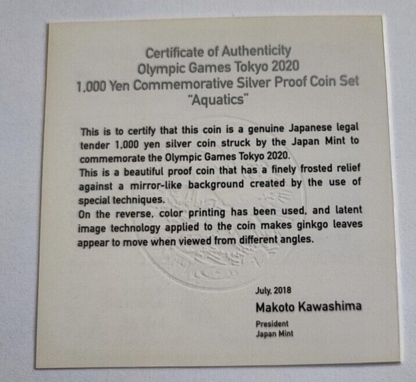 Japan 2020 Tokyo Olympic1000 Yen Silver Proof coin  Aquatics