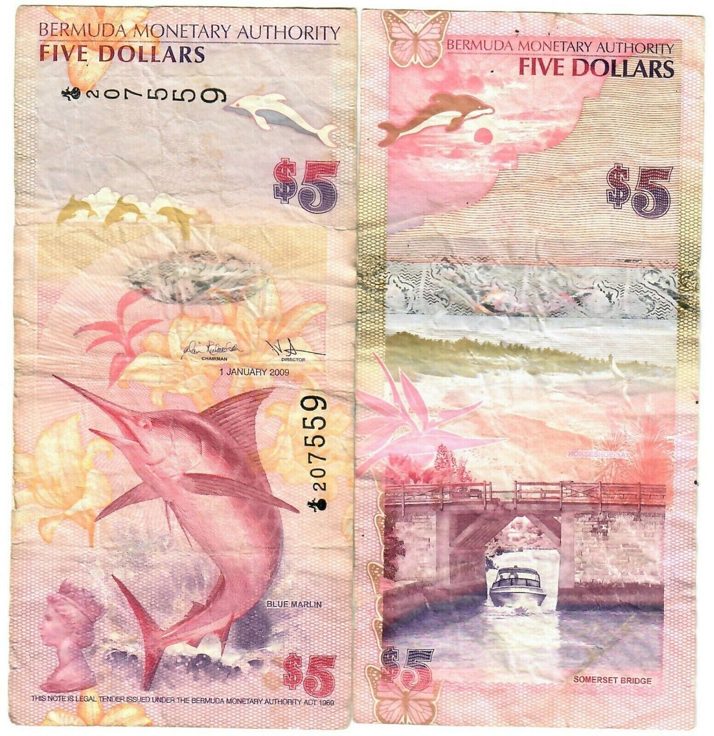 BERMUDA 5 dollars with onion prefix  in circulated condition