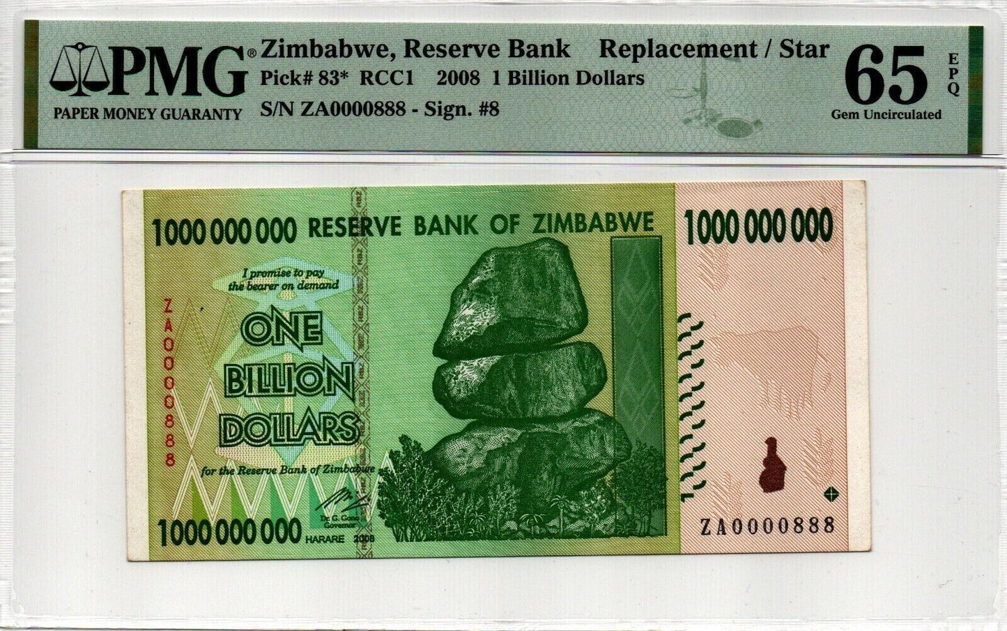 ZIMBABWE $1 Billion Dollars #888 3 Digit REPLACEMENT P 83 PMG 65 EPQ RARE