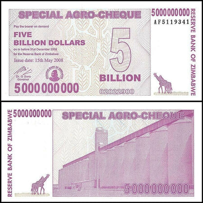 Zimbabwe 5 Billion Dollars Special Agro Cheque, 2008, P-61, UNC X 10 PCS
