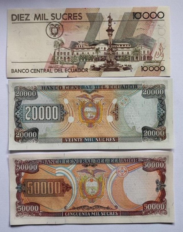 Ecuador 3 Pcs SET 10000 20000 50000 Sucres 1999, UNC, P-128, 129, 130