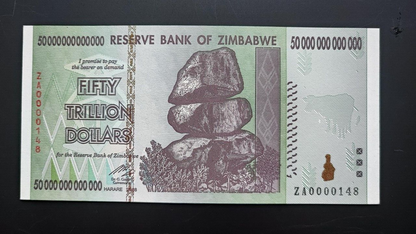 Zimbabwe  50 Trillion Dollars Replacement With 3 Digit Serial Number Rare.