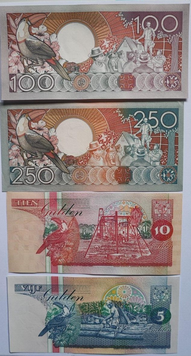 Suriname Banknote Set. 5, 10, 100,250 Gulden(1986-1998）UNC