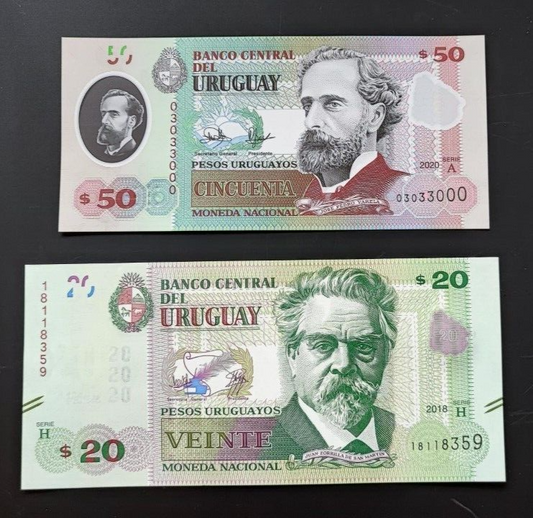 URUGUAY 20 PESOS URUGUAYOS 2018 AND 50 PESOS URUGUAYOS 2020 NEW UNC