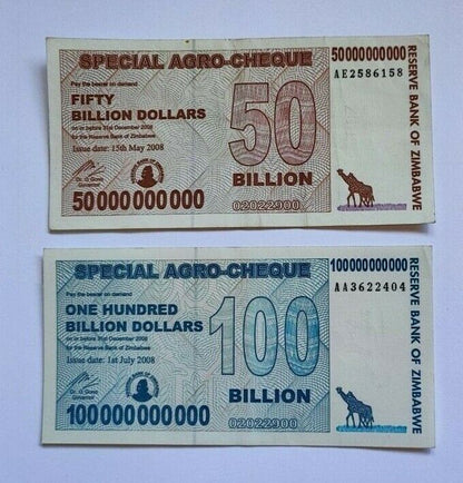 Set of 4 Zimbabwe 5 to 100 Billion Dollars Special Agro-Cheque Note 2008 Used