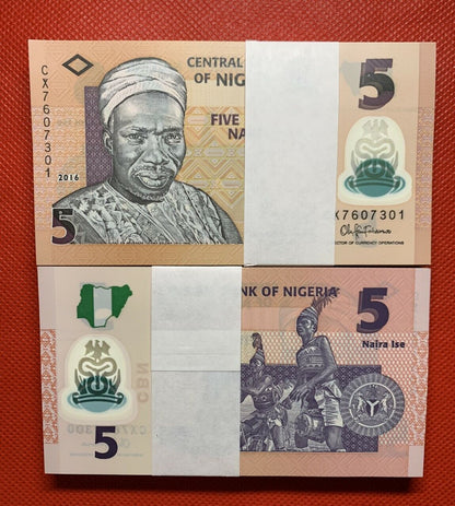 Lot 100 PCS, Nigeria 5 Naira, 2009-2019, P-38, Polymer, UNC