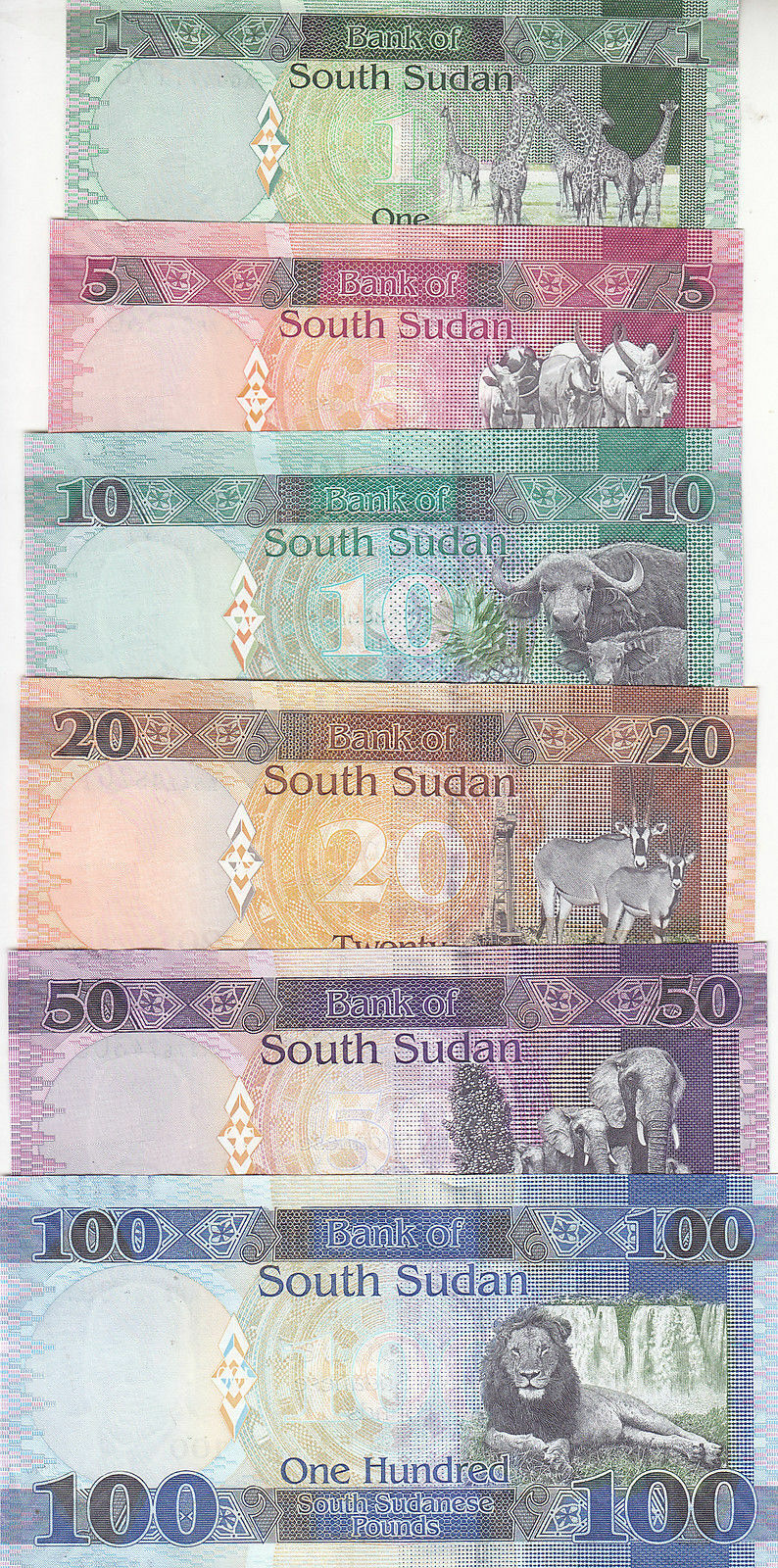 SOUTH SUDAN 1 5 10 20 50 100 POUND 2011 2015 2017 2019 P-NEW UNC LOT SET