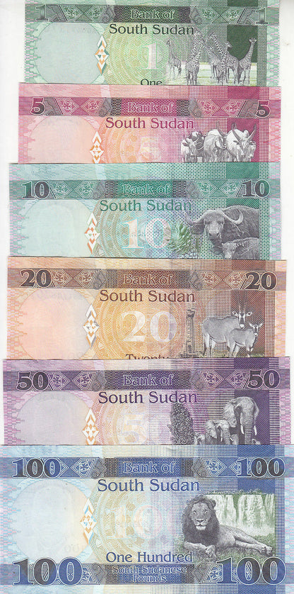 SOUTH SUDAN 1 5 10 20 50 100 POUND 2011 2015 2017 2019 P-NEW UNC LOT SET